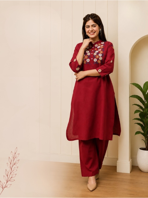 Royal Maroon Floral Embroidery Silk Kurta with Trousers