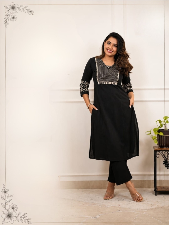 Black Heritage Embroidered Suit Silk Kurta with Trousers